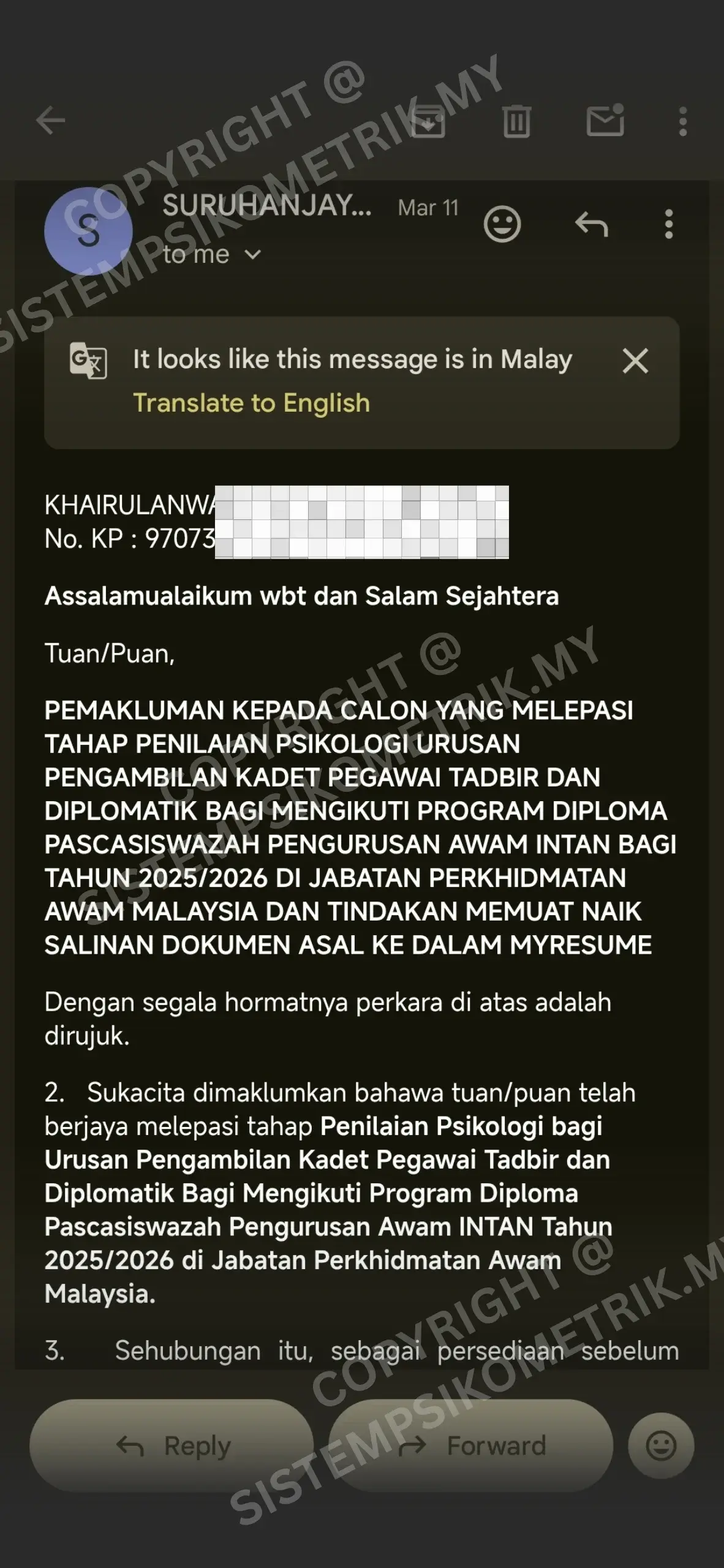 Sijil kejayaan peperiksaan psikometrik SPA jawatan PTD Tadbir Diplomatik tahun 2025